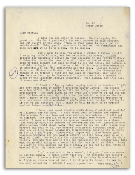 Hunter S. Thompson Typed Letter From 1964 With Hand-Annotations -- ''...I am going to California, and for no particular reason...God fuck us all...''